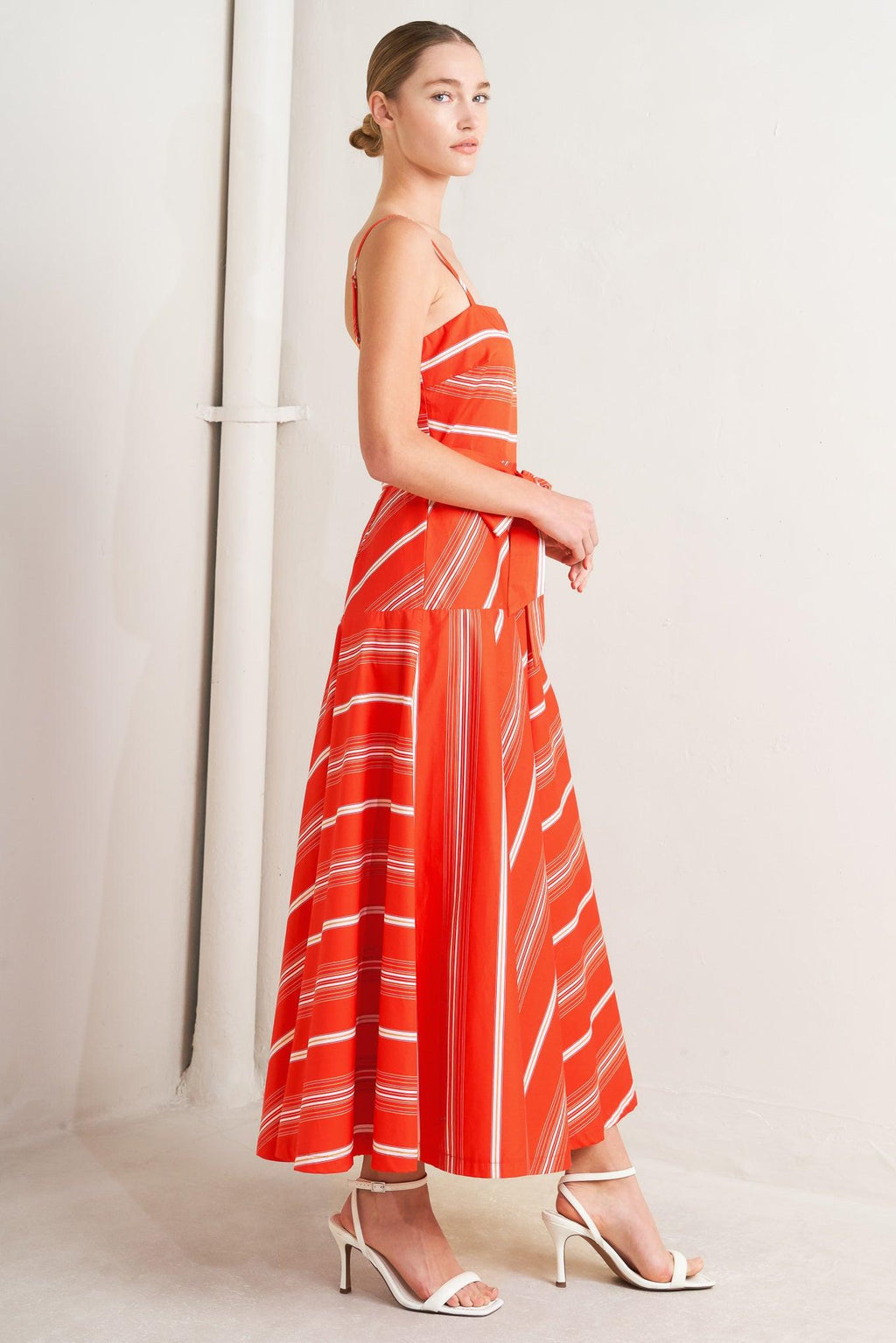 SWEET ESCAPE STRIPE WOVEN MIDI DRESS