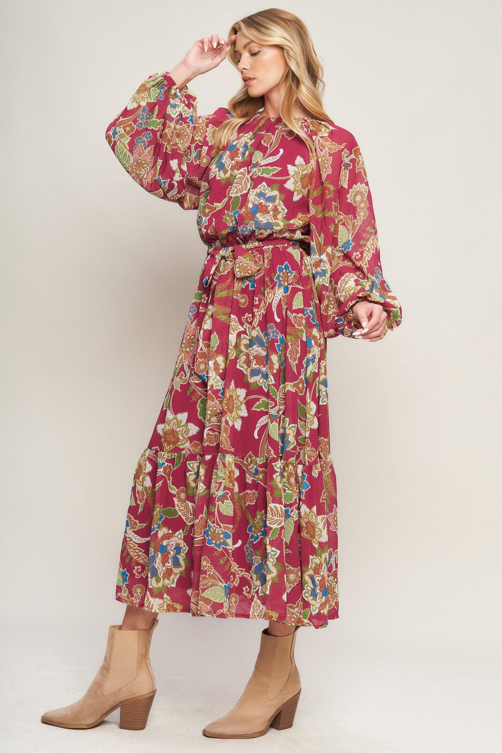 FLORALLY CHIC WOVEN MIDI DRESS