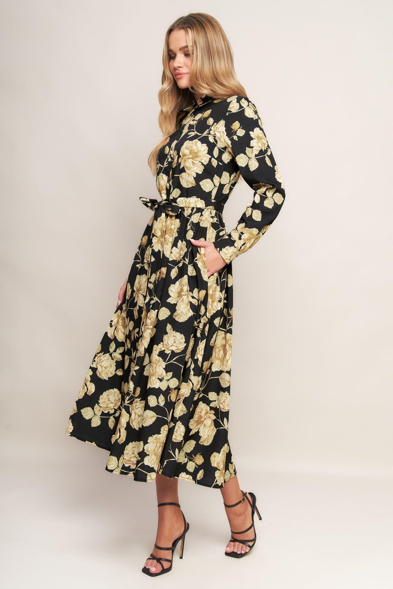 MIDNIGHT BLOOM BLACK WOVEN MIDI DRESS