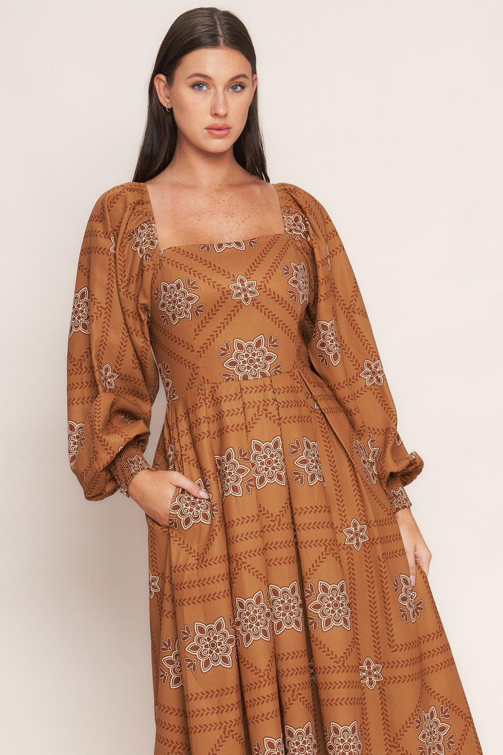 SOUTHWEST SQUARES WOVEN MIDI DRESS