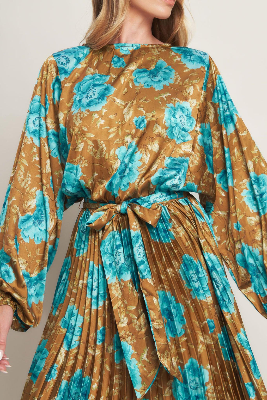 GOLDEN BLOOM LUXE WOVEN SATIN MAXI DRESS