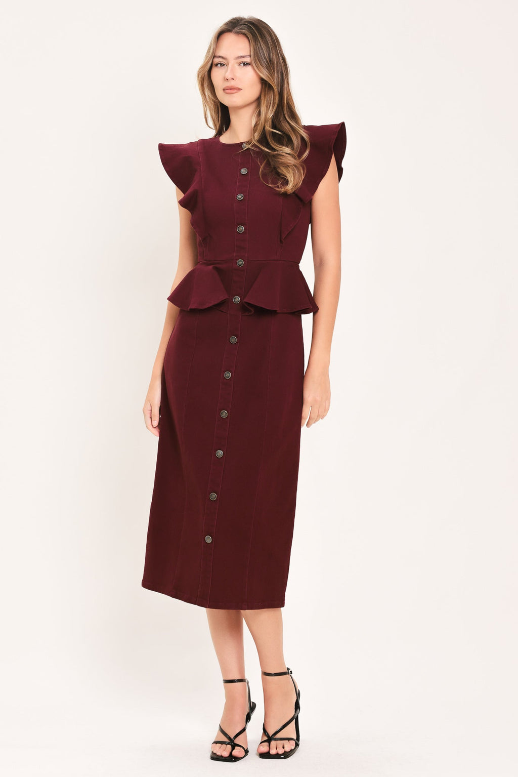 BURGUNDY RUFFLE REVERENCE WOVEN MIDI DRESS