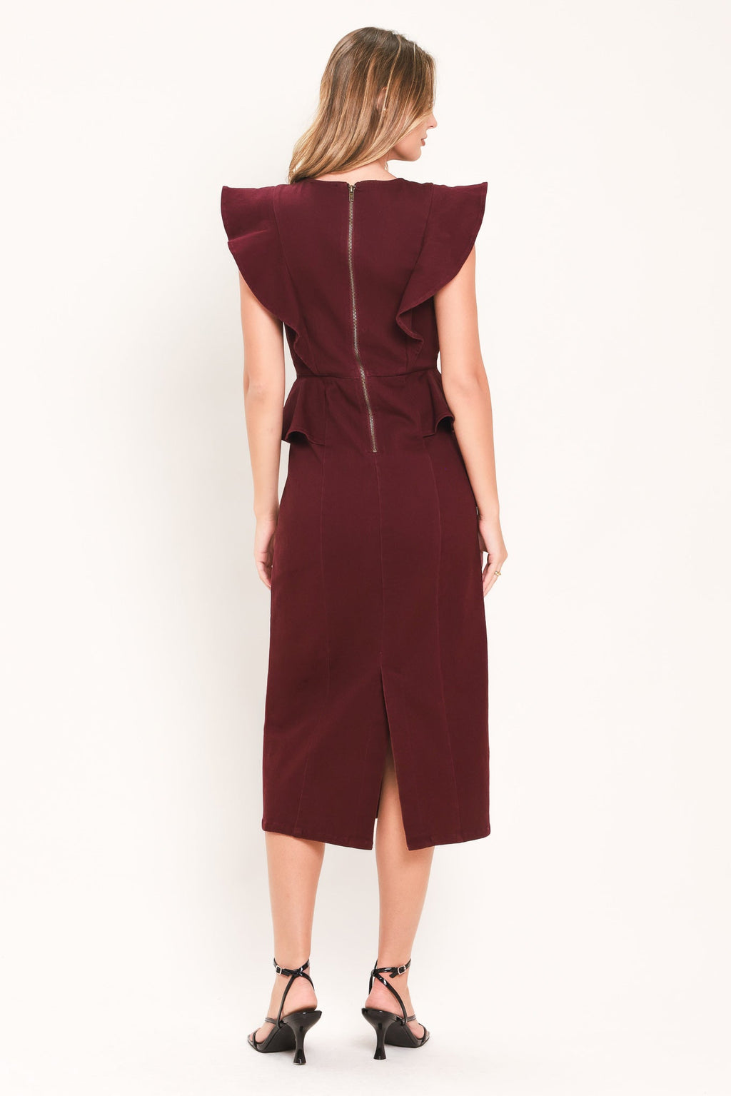 BURGUNDY RUFFLE REVERENCE WOVEN MIDI DRESS