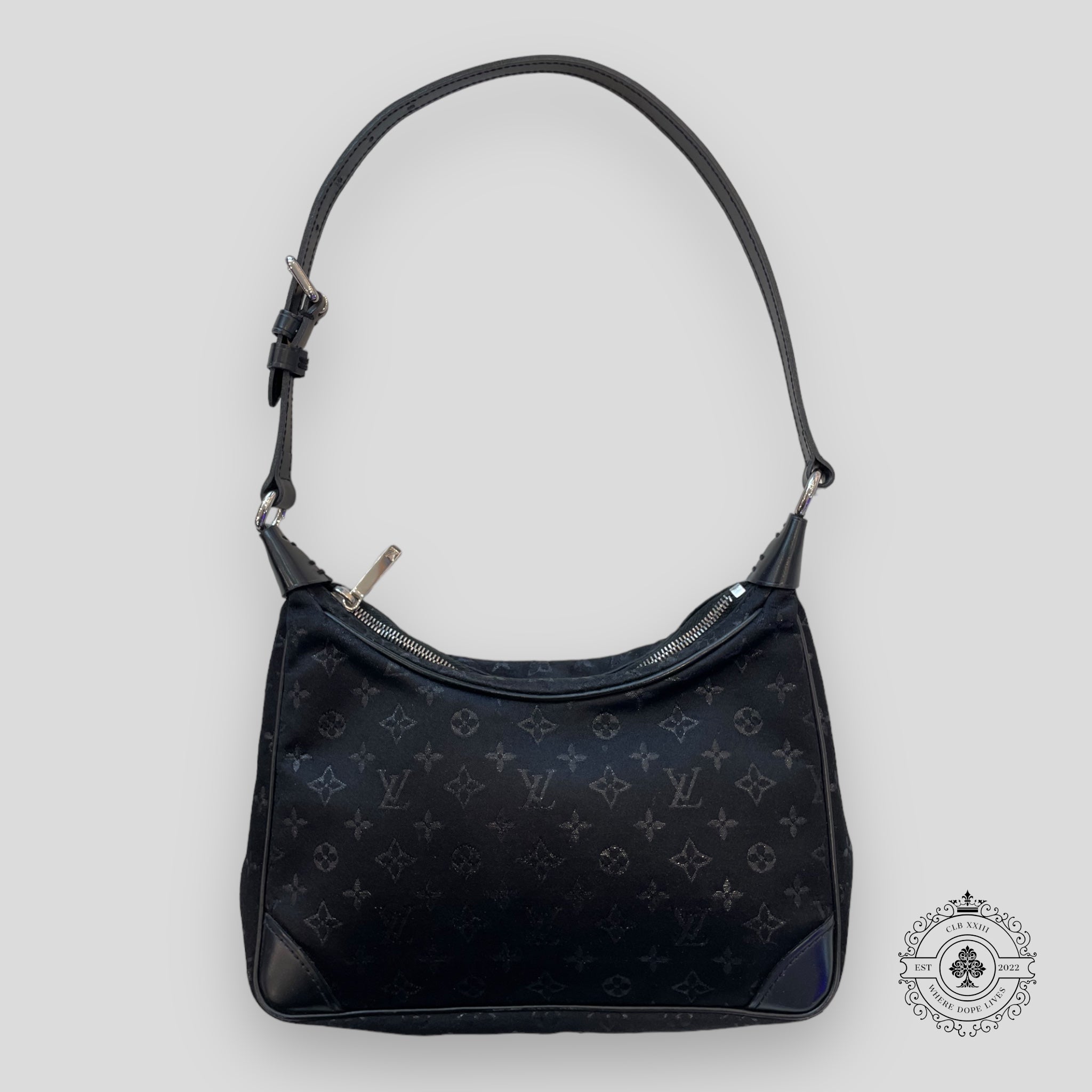 Louis Vuitton Small Black Satin & Leather Trim Monogram Boulogne Baguette