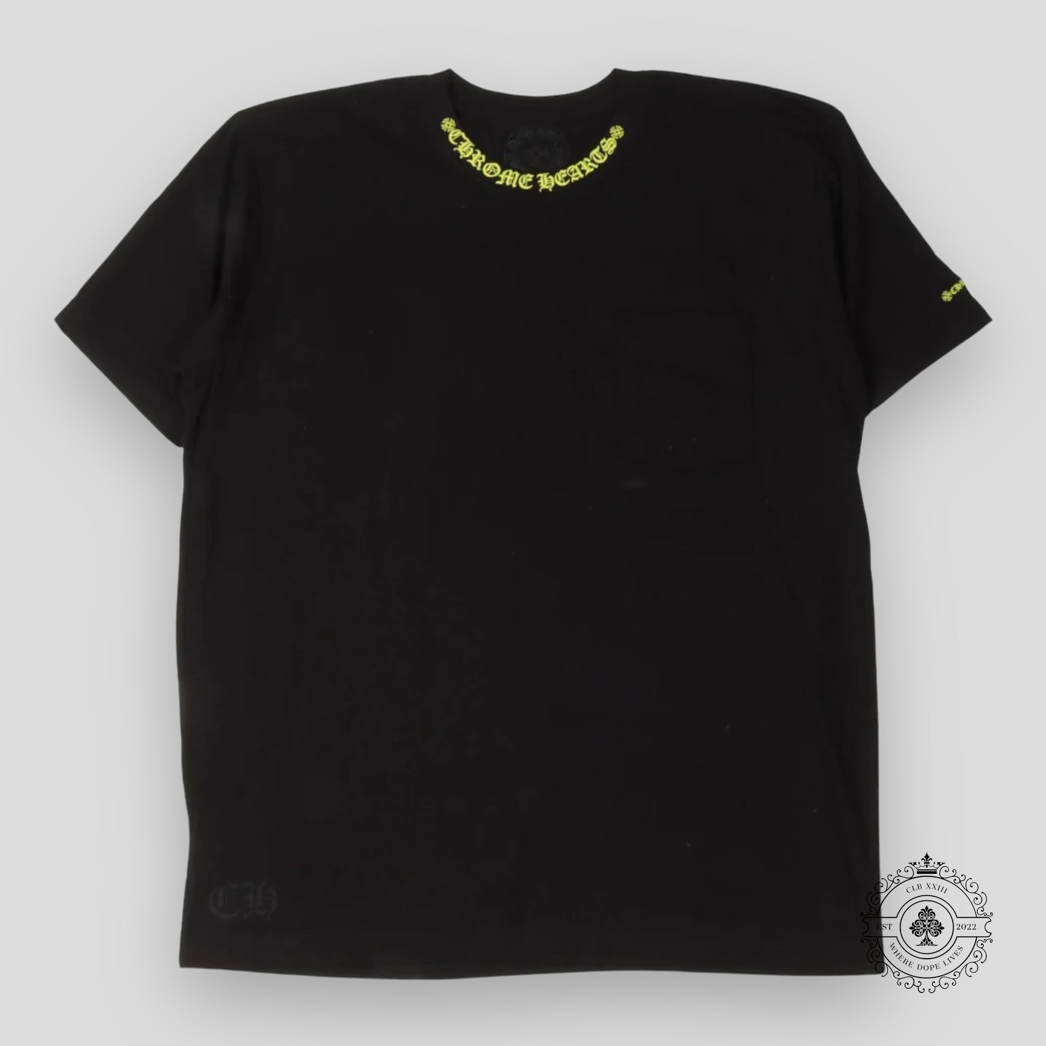Chrome Hearts Yellow Neck Script Logo Tee in Black