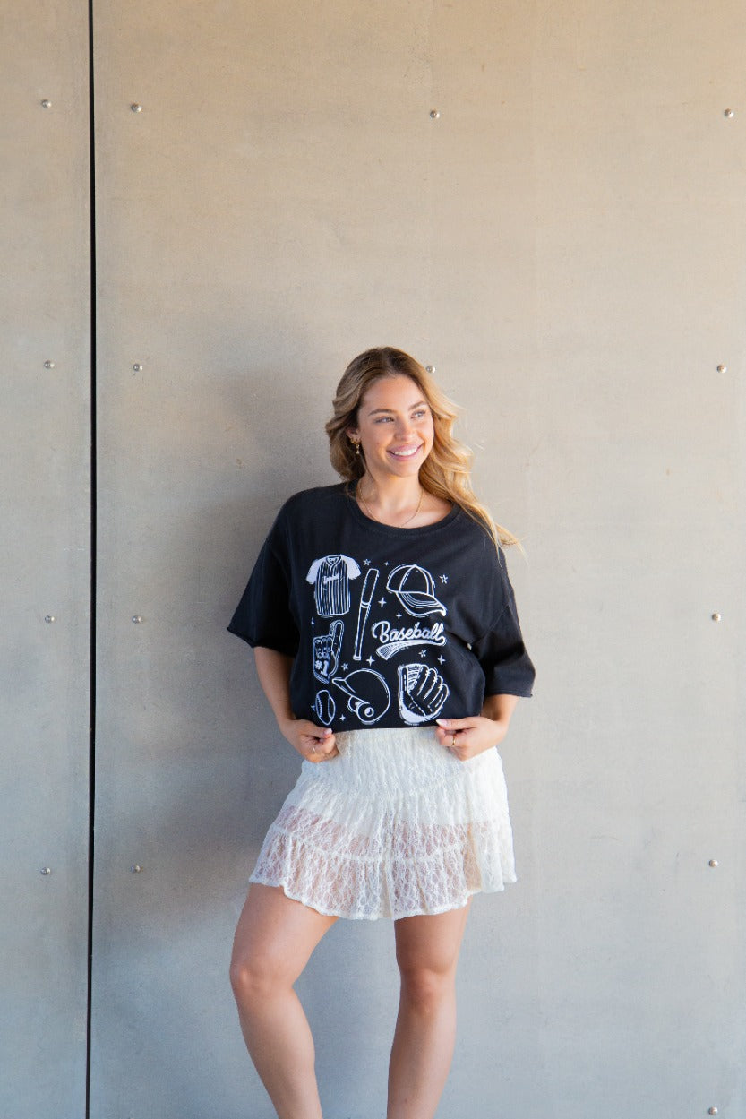 Baseball on Black Boxy Tee