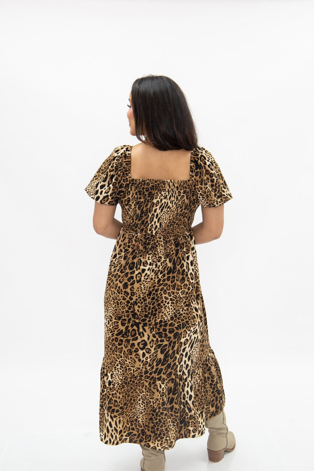 Puff Sleeve Midi Dress, Leopard