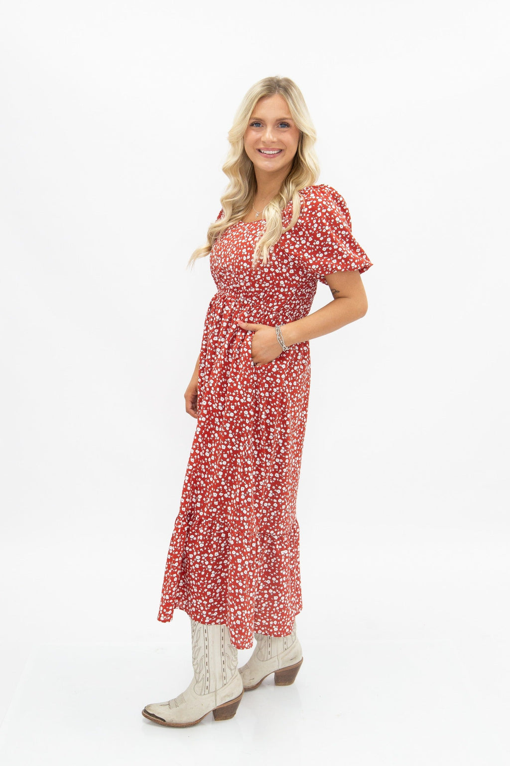 Puff Sleeve Midi Dress, Red Floral