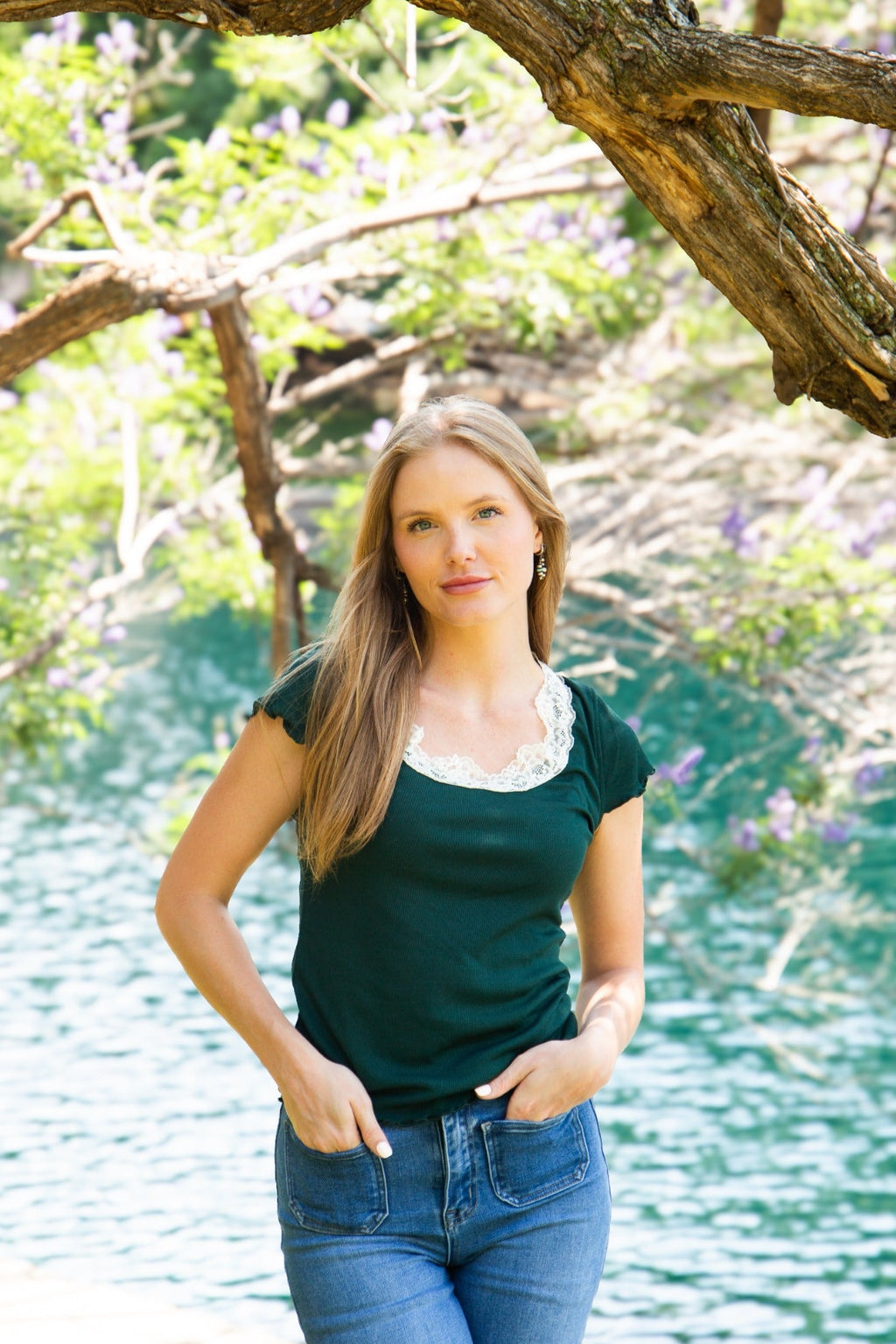 Square Neck Tee with Lace Trim, Forest Green