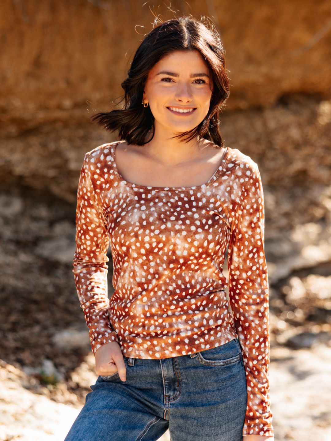 Square Neck Long Sleeve, Deer Print