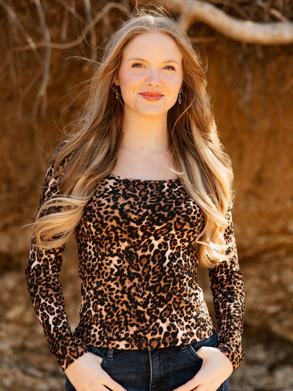 Square Neck Long Sleeve Top, Leopard