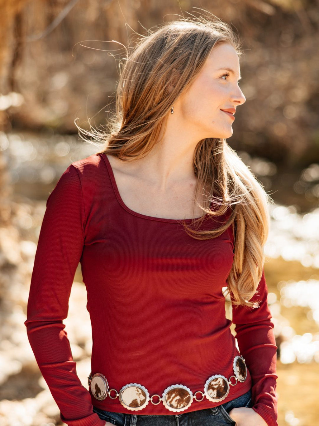 Square Neck Long Sleeve Top, Maroon