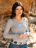 Square Neck Long Sleeve Top, Grey