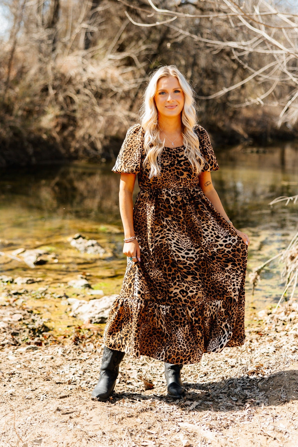 Puff Sleeve Midi Dress, Leopard