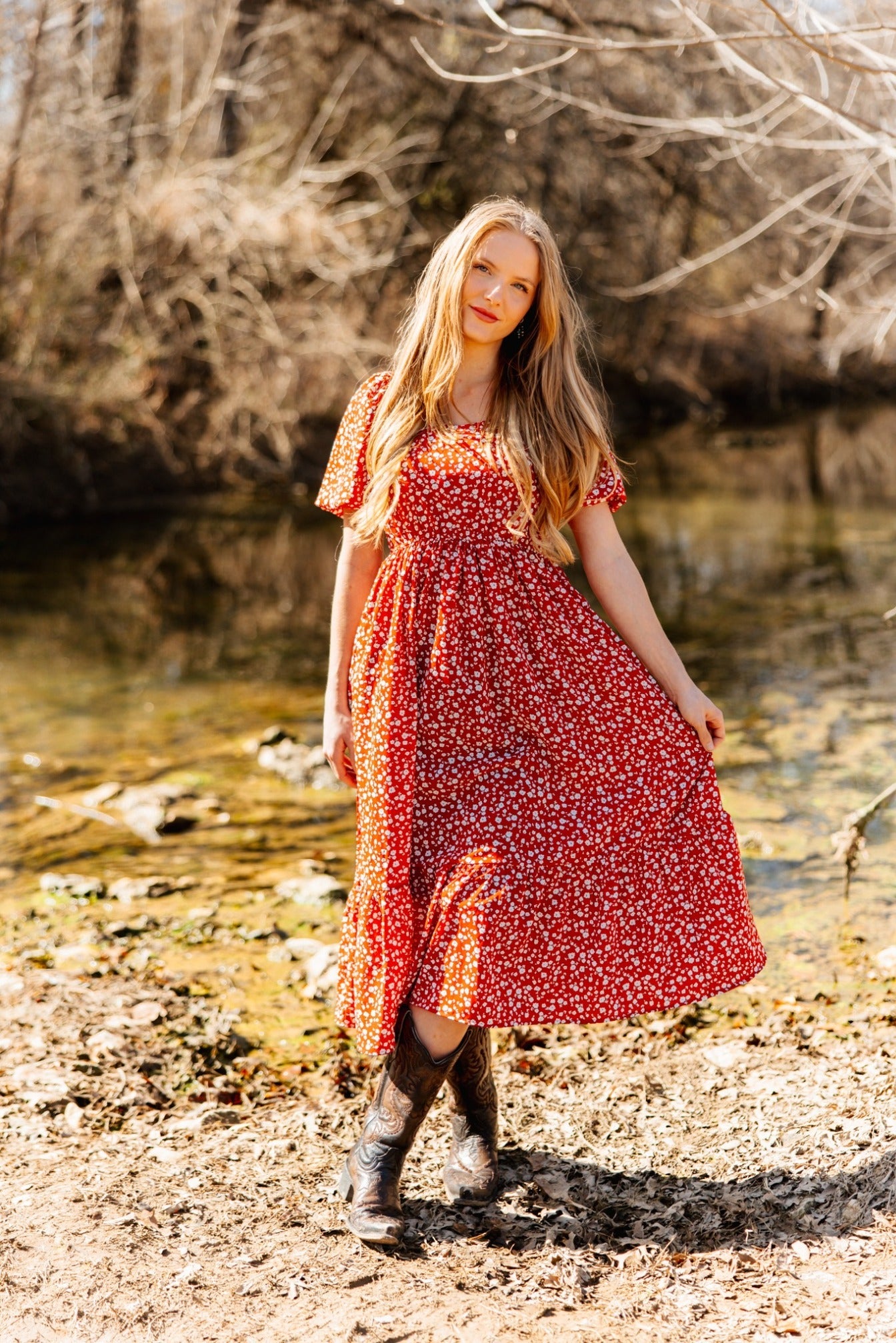 Puff Sleeve Midi Dress, Red Floral