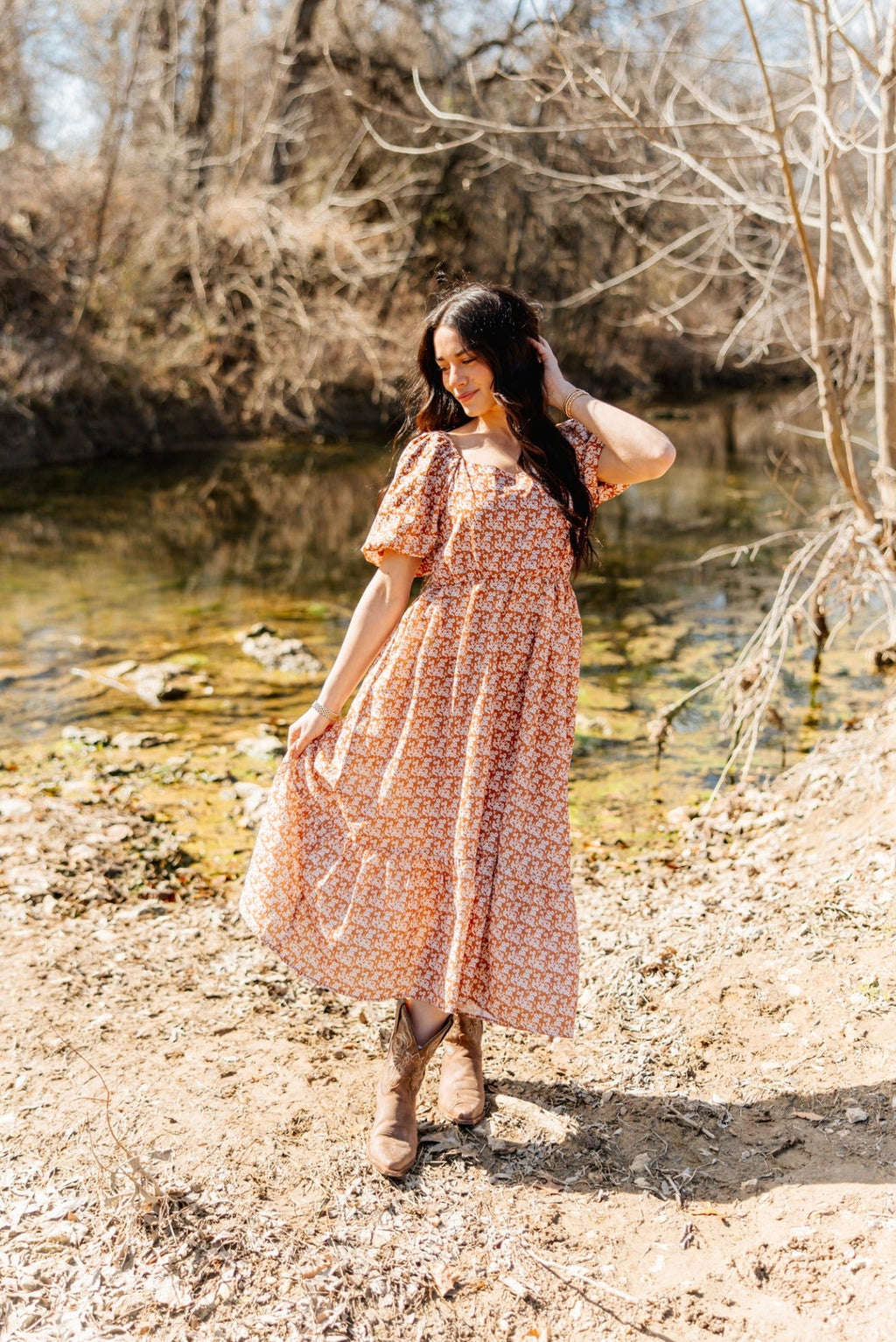 Puff Sleeve Midi Dress, Rust Floral