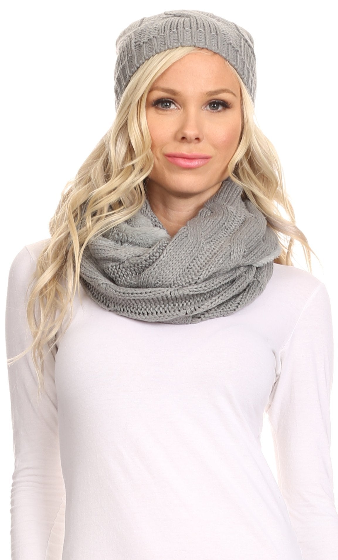 Sakkas Olliey Long Wide Classic Cable Knit Fur Lined Infinity Scarf And Hat Set