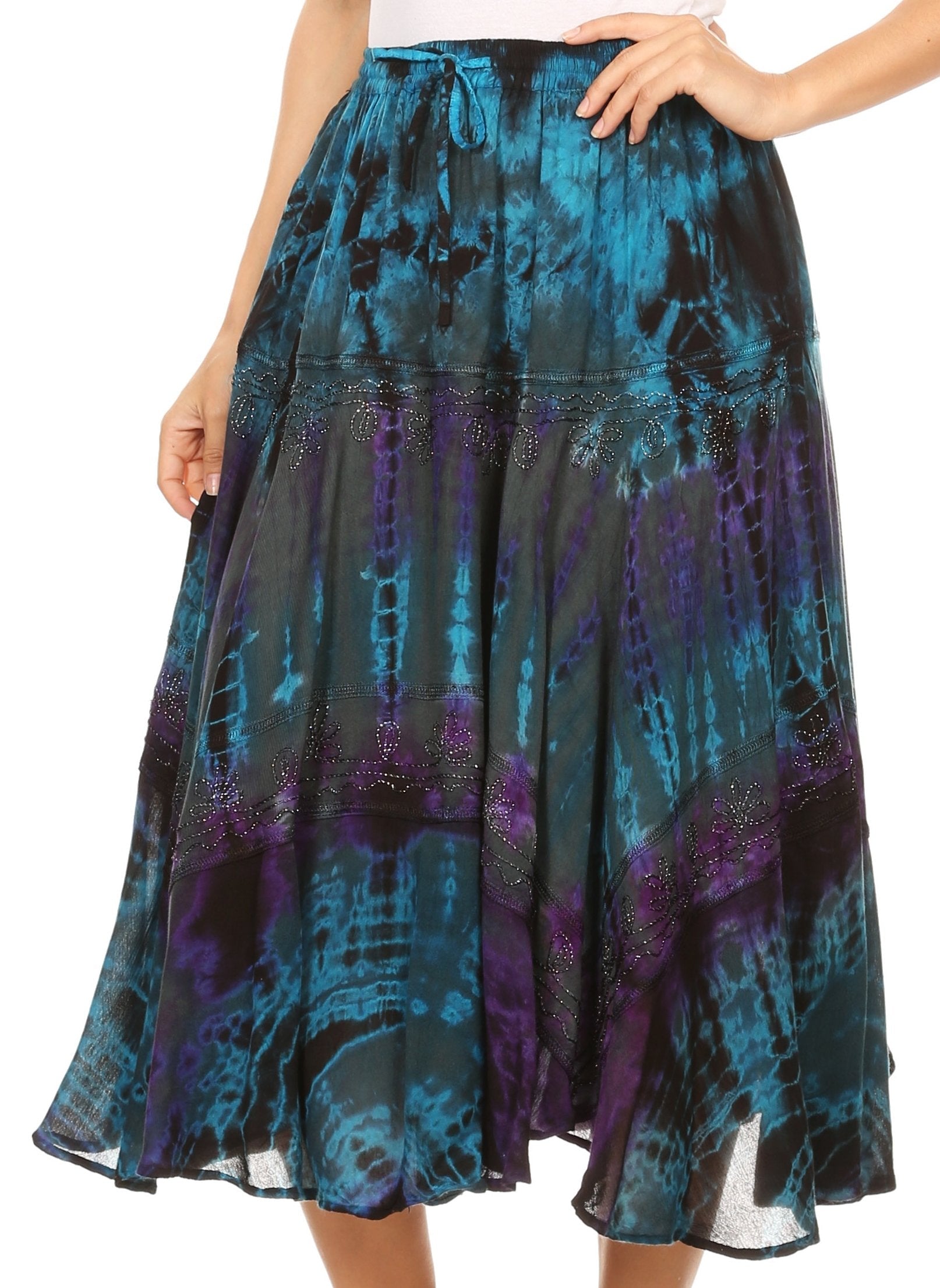 Sakkas Justina Womens Dance Midi Full Circle Tie-dye Skirt with Elastic Waist - Buy One, Get One 50% Off