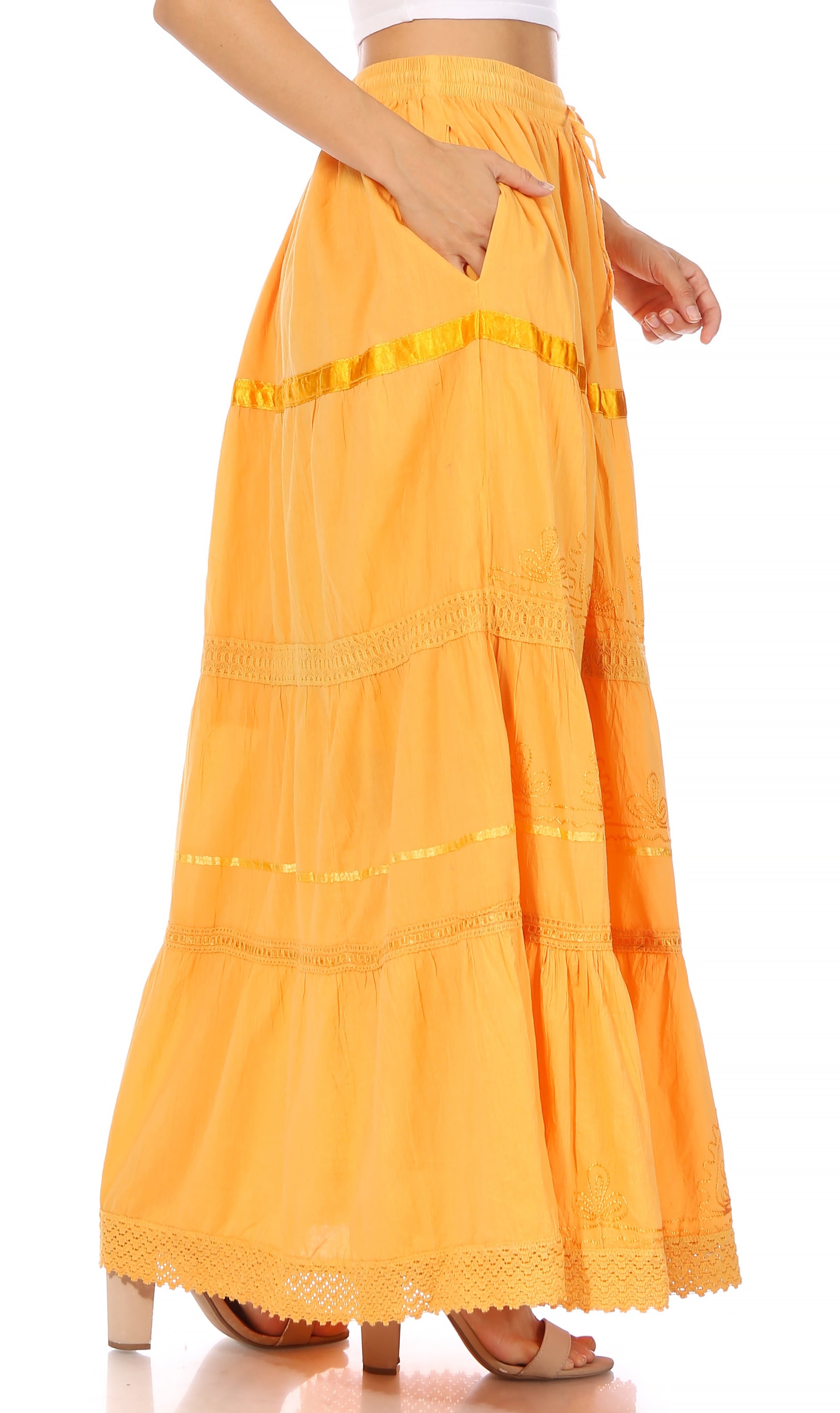 Sakkas Solid Embroidered Gypsy / Bohemian Full / Maxi / Long Cotton Skirt