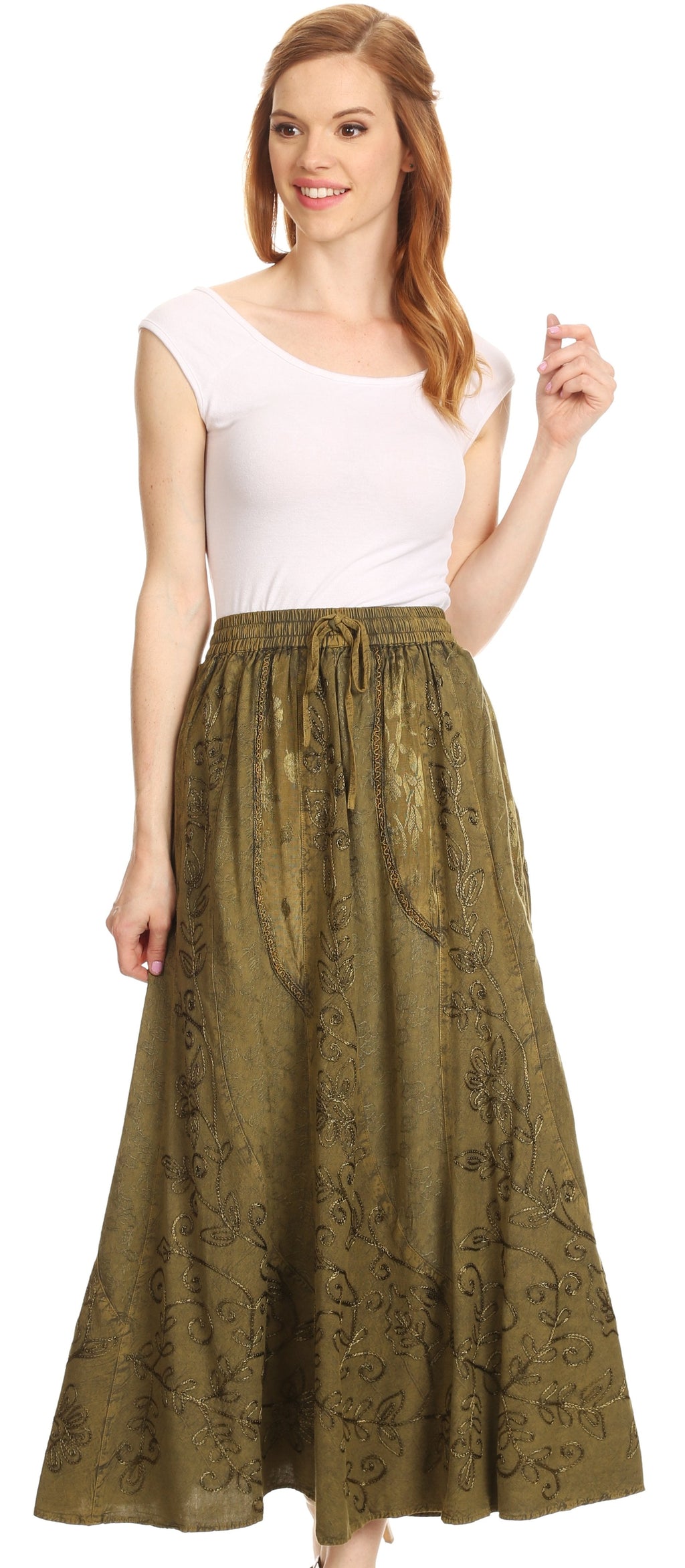 Sakkas Debora Full Length Embroidered Maxi Skirt with Adjustable Waist