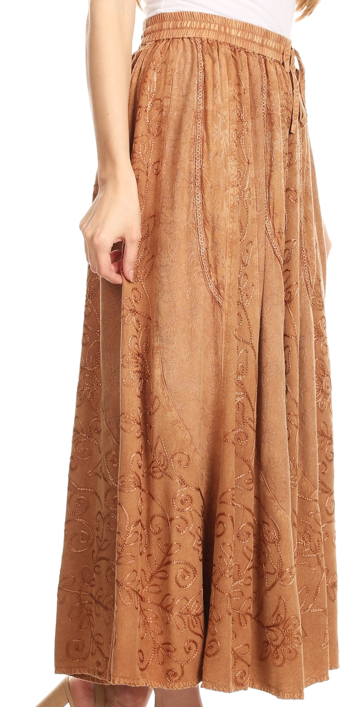Sakkas Debora Full Length Embroidered Maxi Skirt with Adjustable Waist
