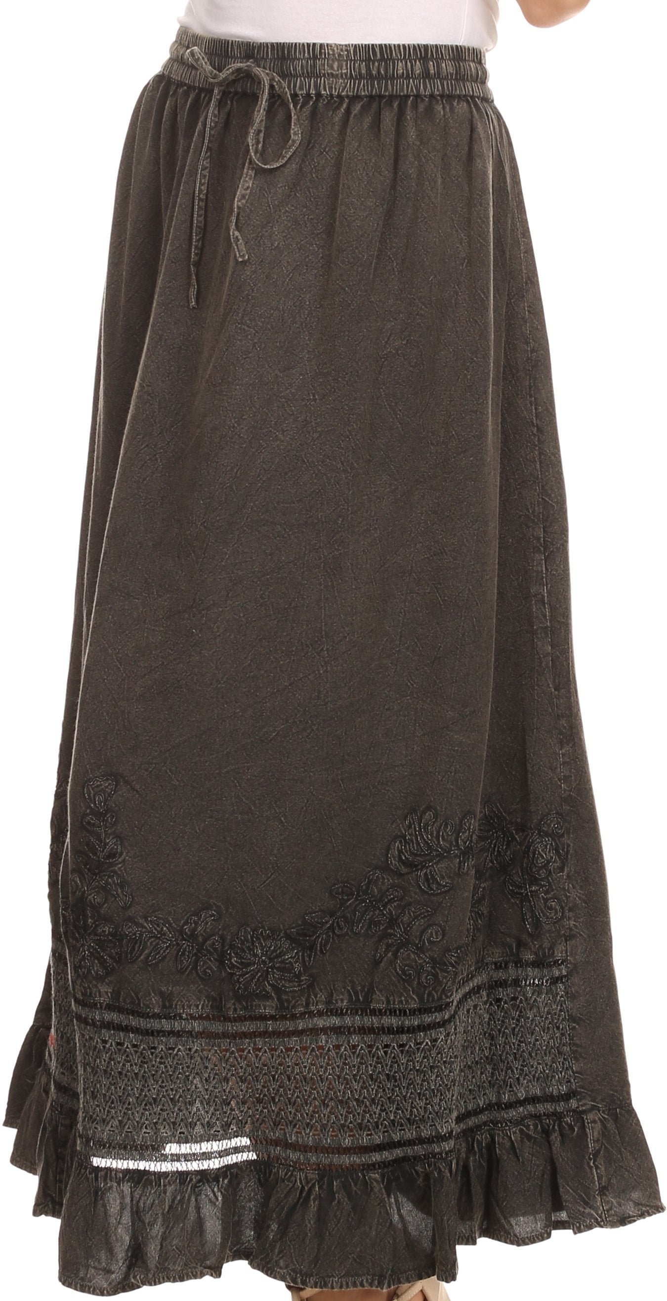 Sakkas Harley Bohemian Embroidered Ethnic Maxi Skirt Adjustable Waist Ruffle Trim