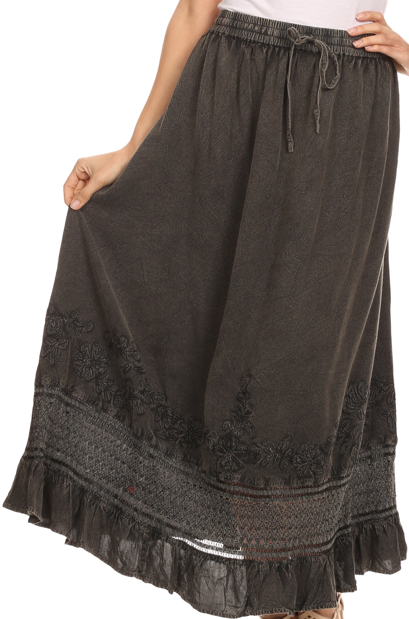 Sakkas Harley Bohemian Embroidered Ethnic Maxi Skirt Adjustable Waist Ruffle Trim