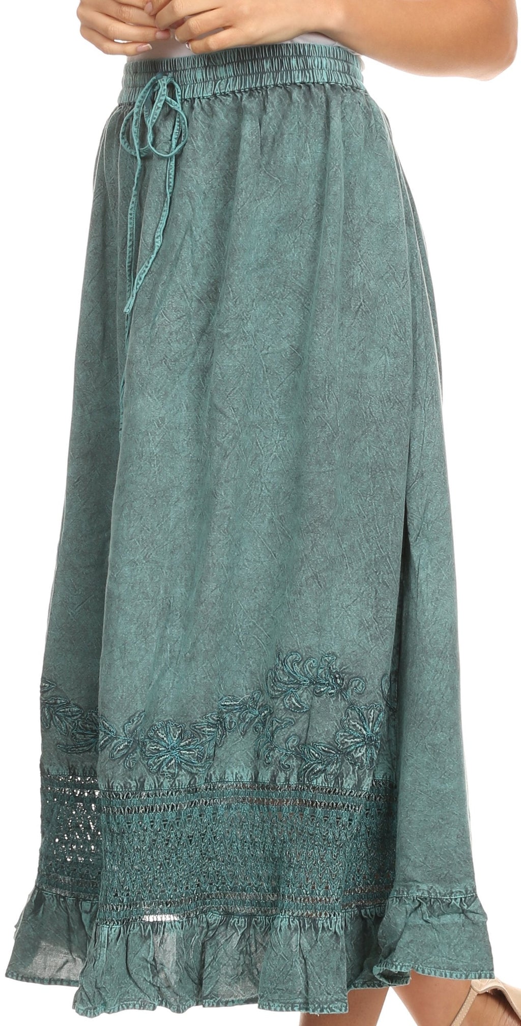 Sakkas Harley Bohemian Embroidered Ethnic Maxi Skirt Adjustable Waist Ruffle Trim