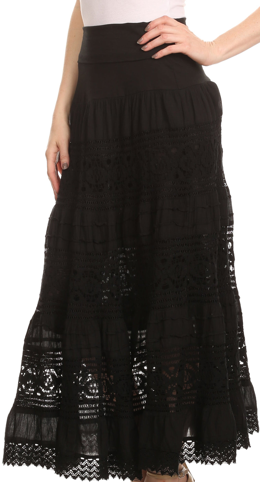 Sakkas Gracie Crochet Lace Tiered Long Cotton Skirt with Fold-Over Waistband