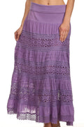 Sakkas Gracie Crochet Lace Tiered Long Cotton Skirt with Fold-Over Waistband