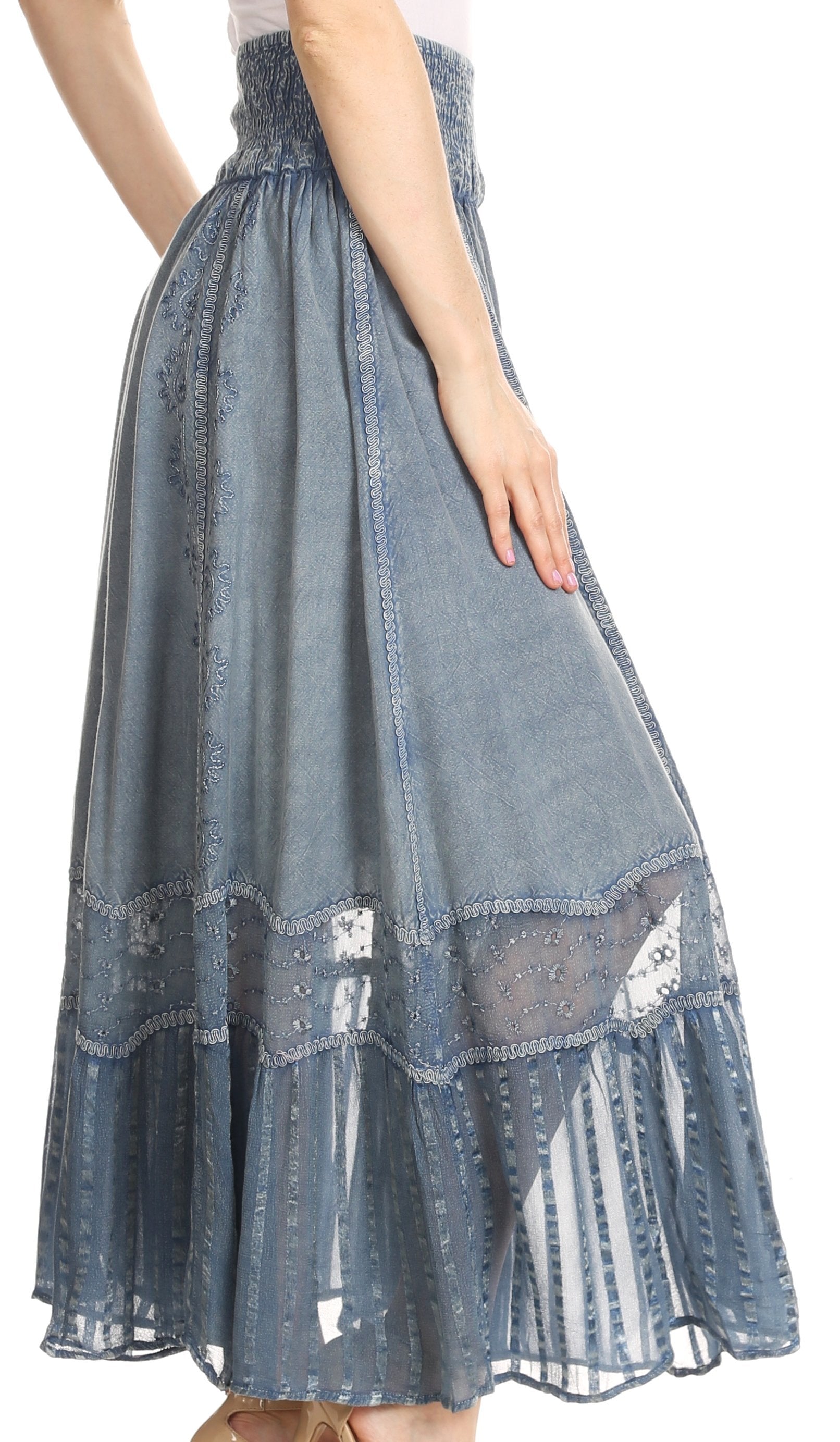 Sakkas Shamim Boho Maxi Long Skirt with Sheer Textured Panels W/ Smocked Waistband