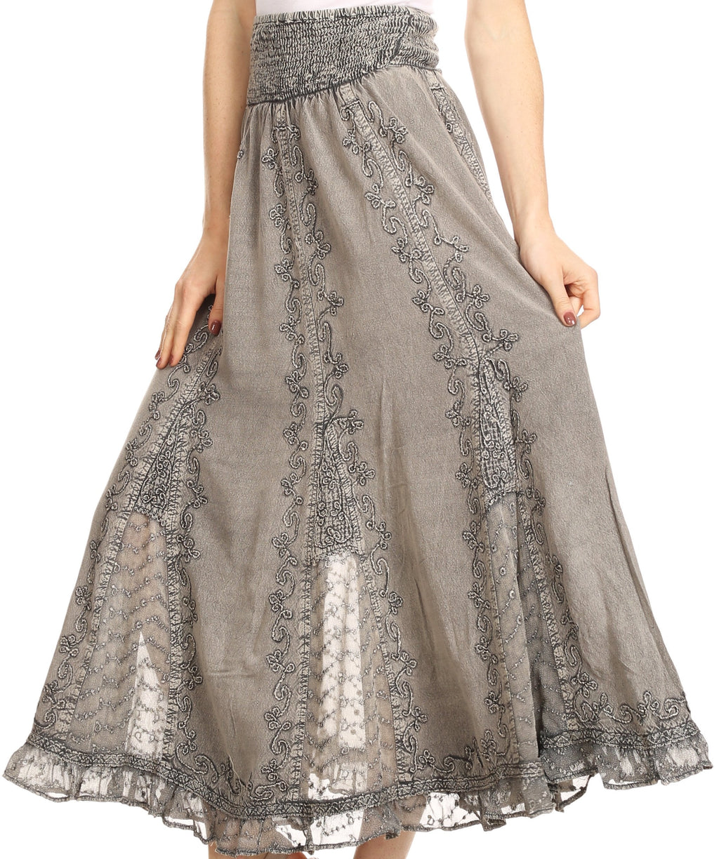 Sakkas Monola Long Tall Lace Embroidered Paneled Adjustable Waist Flare Skirt
