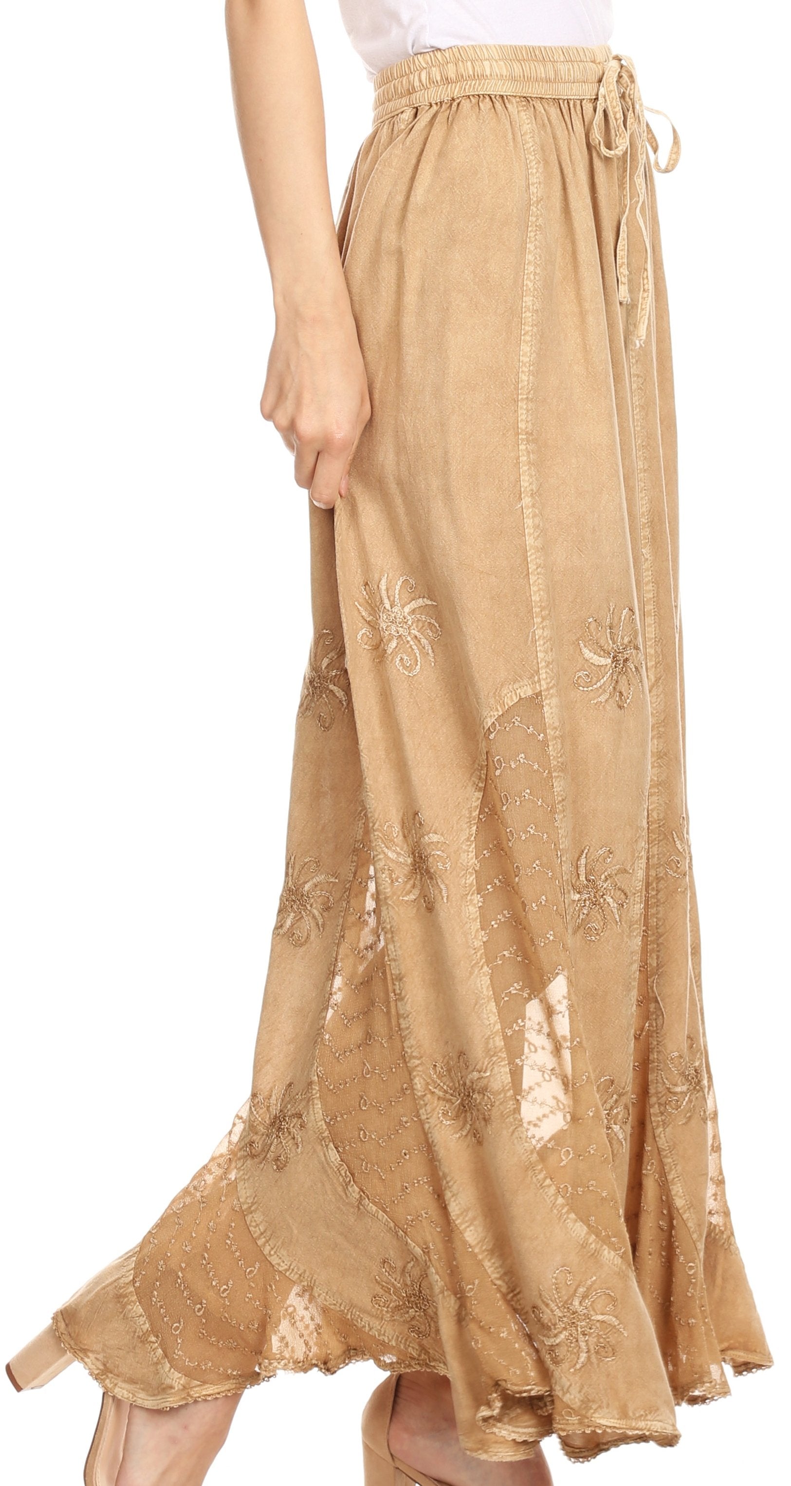 Sakkas Aleja Womens Bohemian Gypsy Maxi Long Skirt Adjustable Elastic Waist Lace