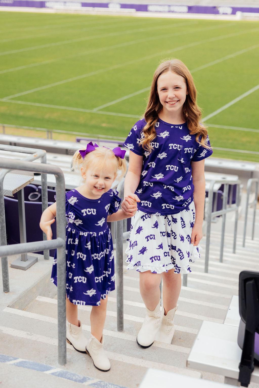 TCU Purple Frog Ruffle Pocket Tee