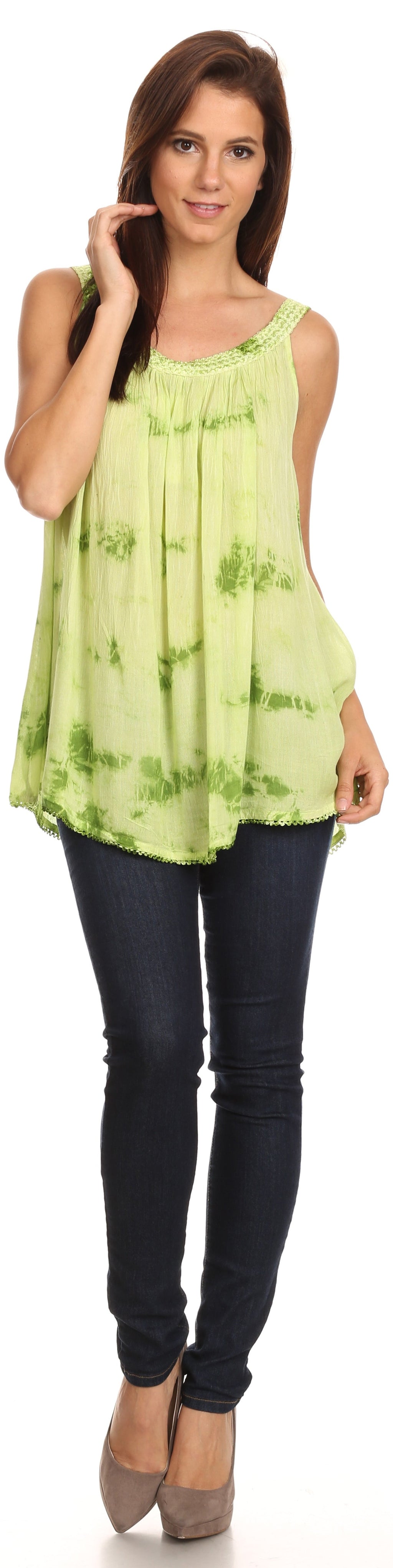 Sakkas Ashanti Embroidered Trim Picot Rayon Tie Dye Tank Top