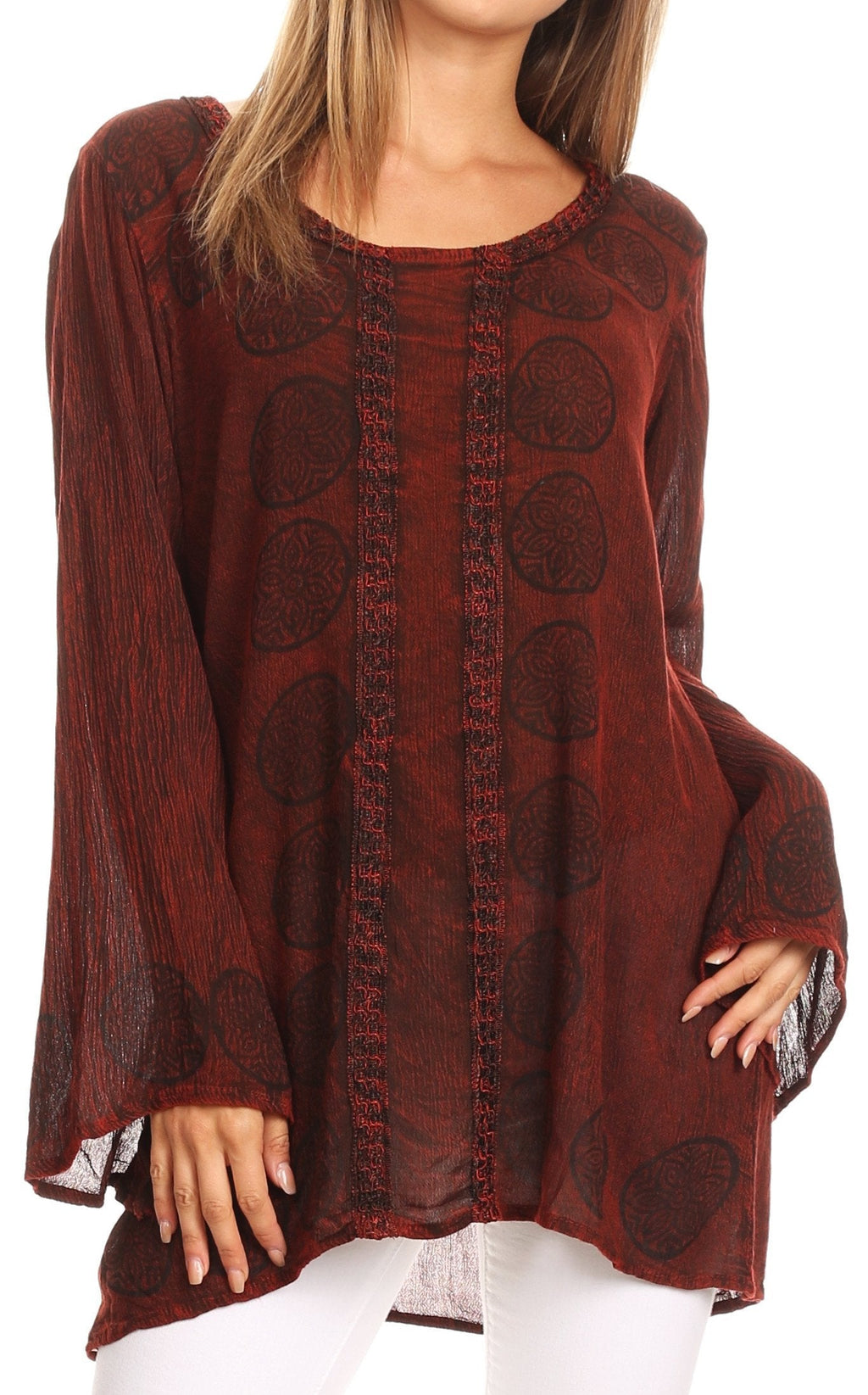 Sakkas Jayla Long Bell Sleeve Stonewashed Embroidered Top with Floral Print