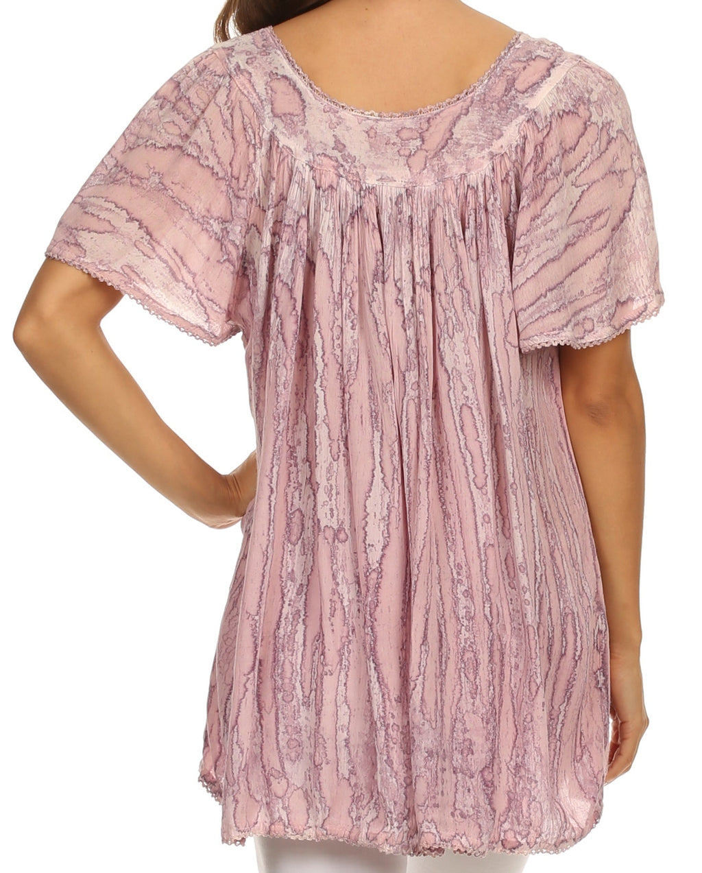 Sakkas Elaine Embroidered Batik Scoop Neck Relaxed Fit Flutter Sleeve Blouse