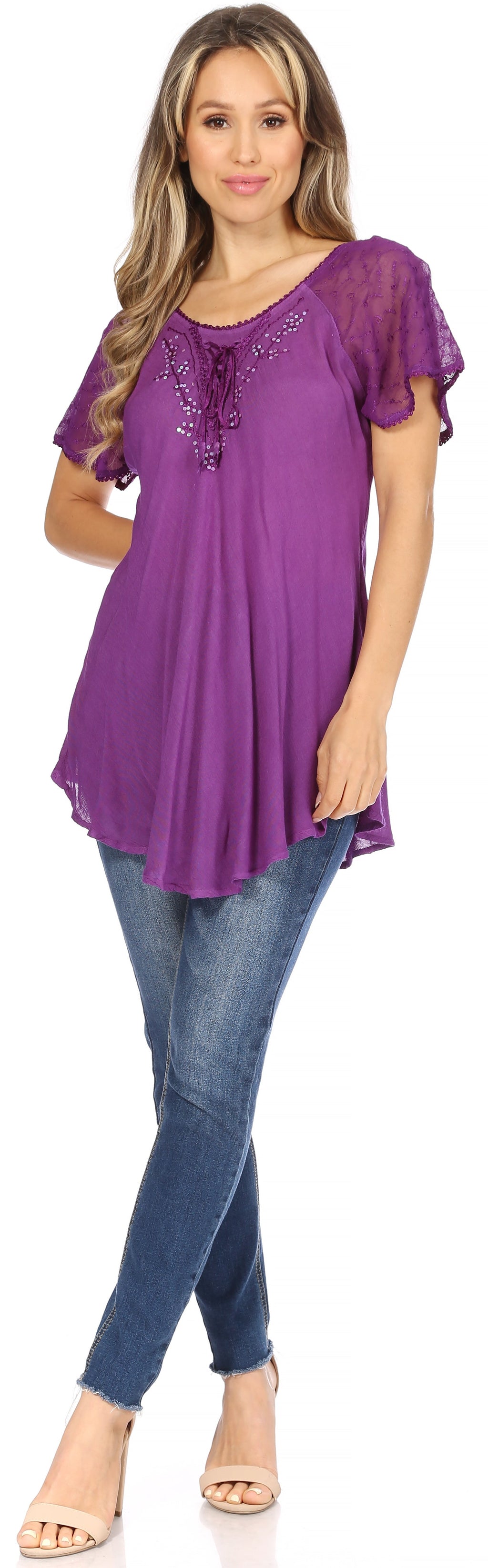 Sakkas Ellie Sequin Embroidered Cap Sleeve Scoop Neck Relaxed Fit Blouse