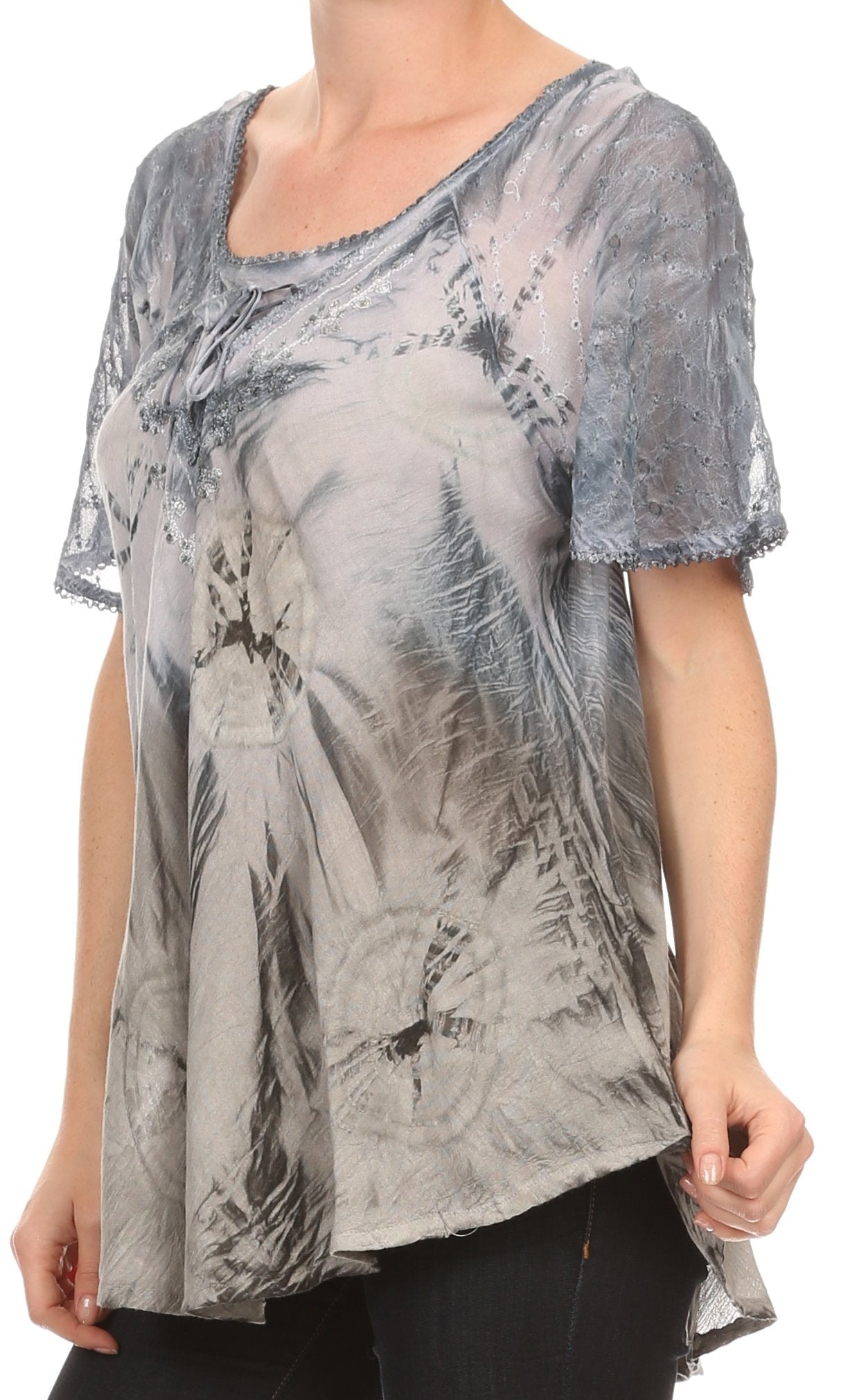 Sakkas Taylay Ombre Tie Dye Batik Long Embroidered Corset Neck Blouse Shirt Top - Buy One Get One