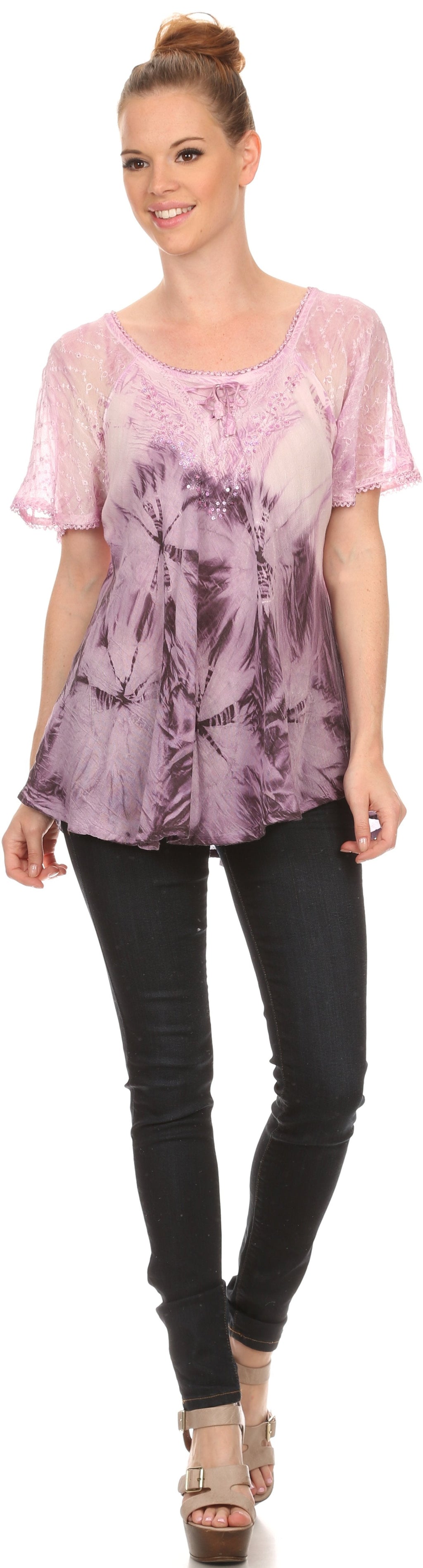 Sakkas Taylay Ombre Tie Dye Batik Long Embroidered Corset Neck Blouse Shirt Top - Buy One Get One
