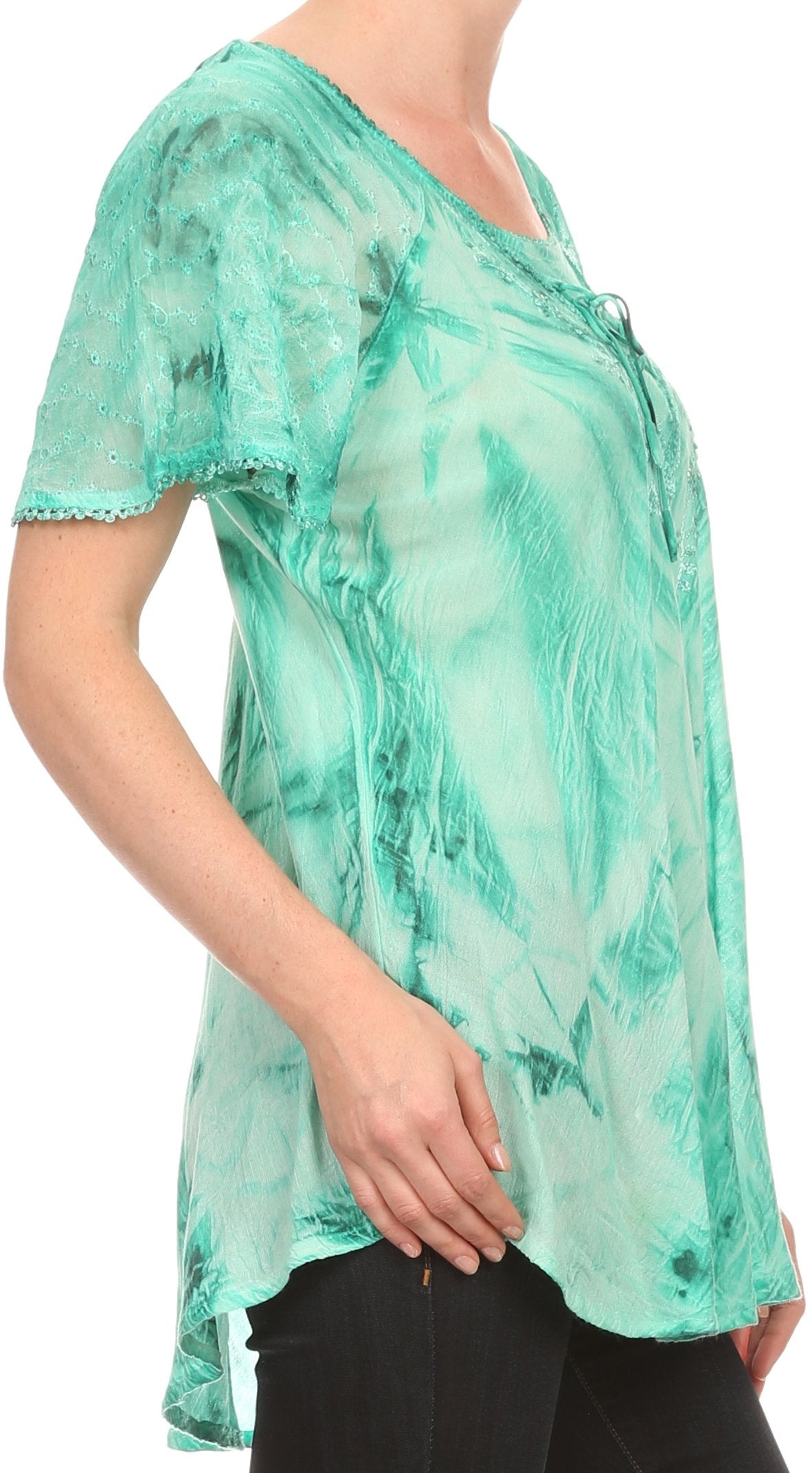 Sakkas Taylay Ombre Tie Dye Batik Long Embroidered Corset Neck Blouse Shirt Top - Buy One Get One