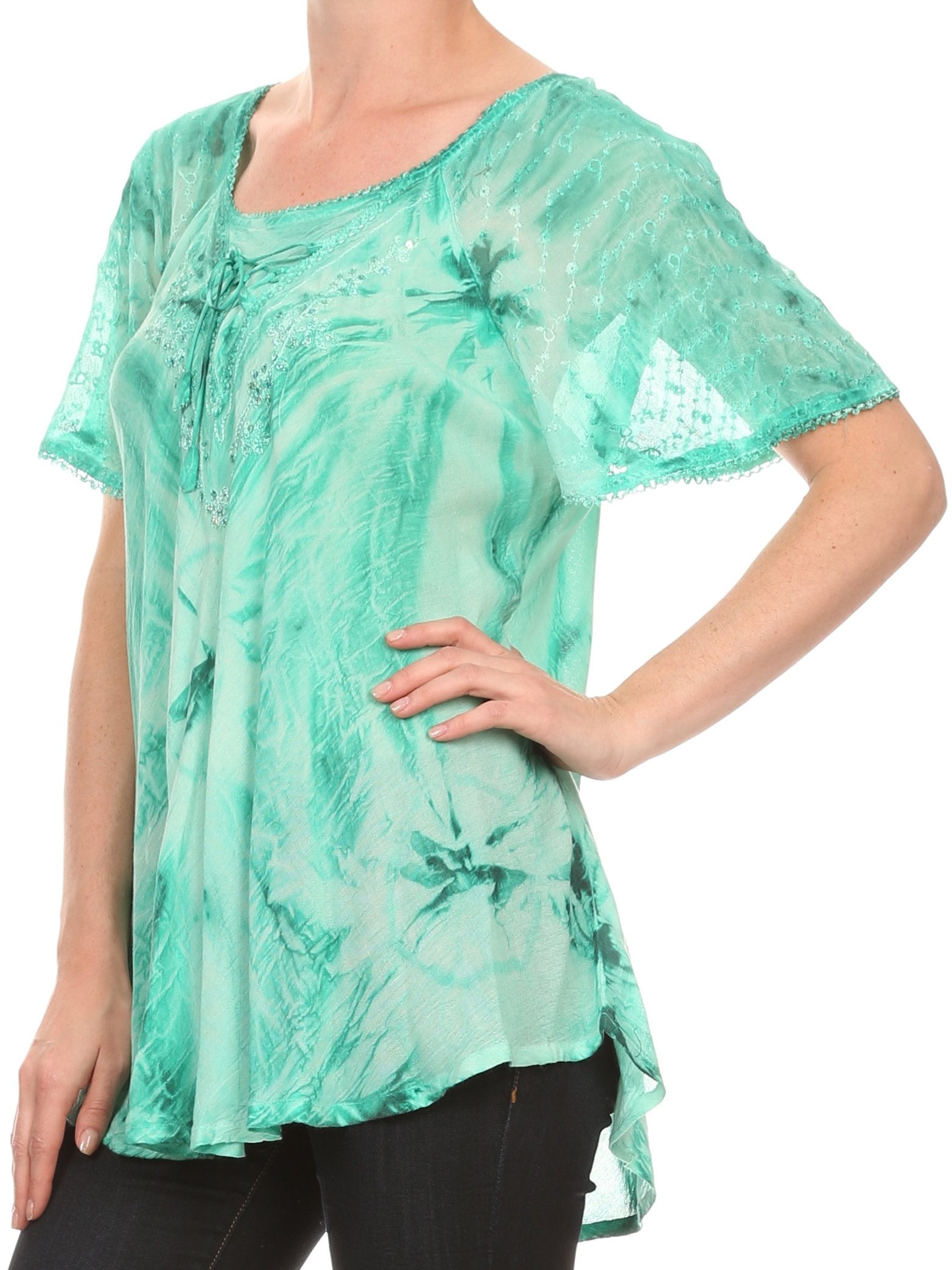 Sakkas Taylay Ombre Tie Dye Batik Long Embroidered Corset Neck Blouse Shirt Top - Buy One Get One