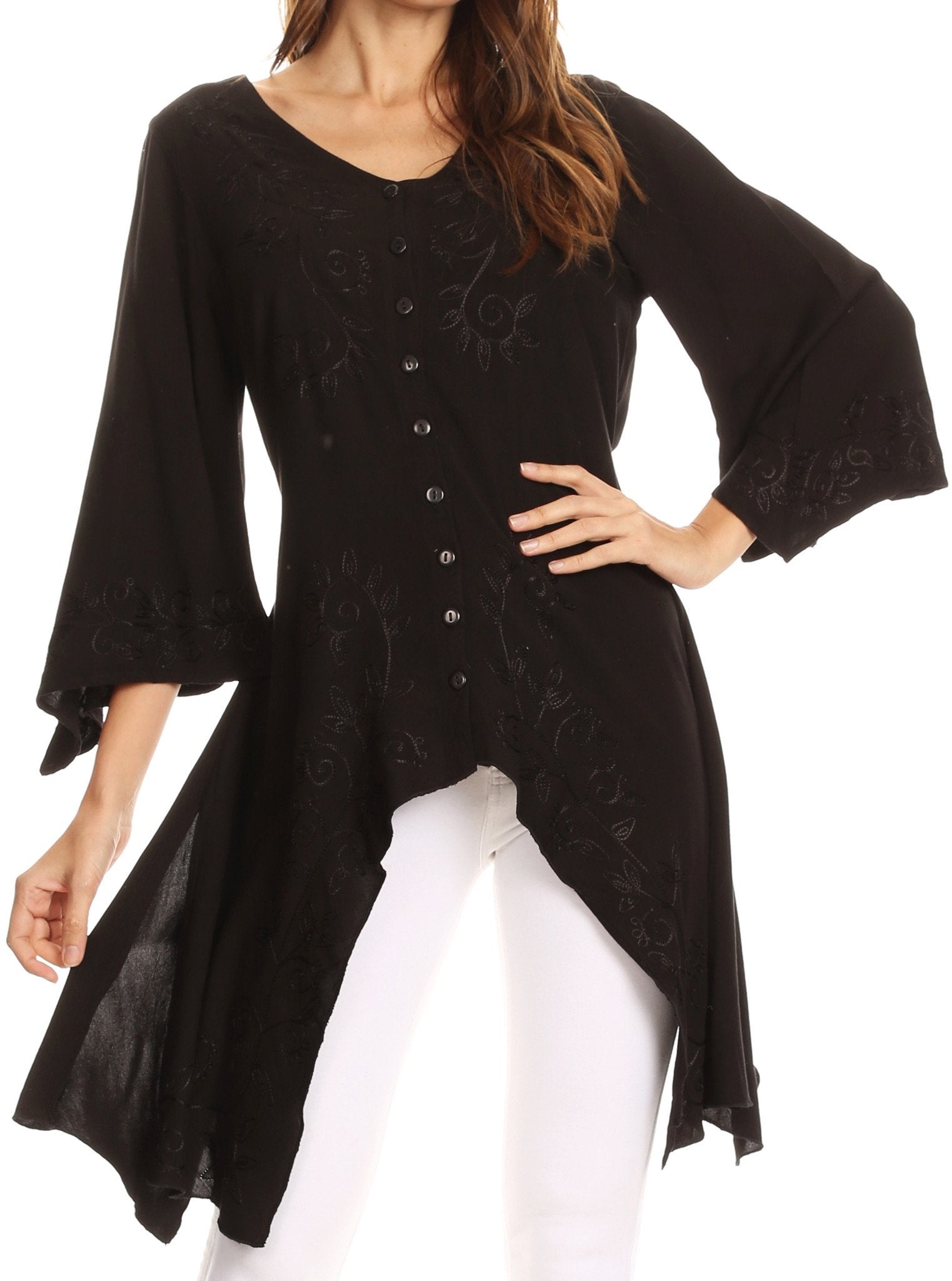 Sakkas Gella Button Down Blouse Top With Bell Sleeves And Handkerchief Sides
