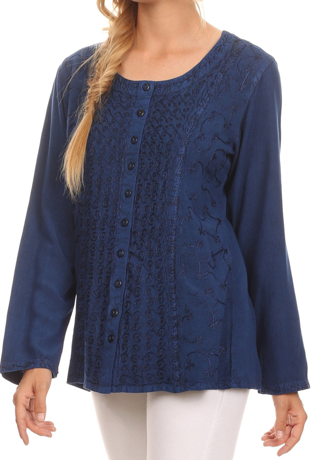 Sakkas Fedella Deep Scoop Neck Long Sleeve Blouse Top With Adjustable Back Straps