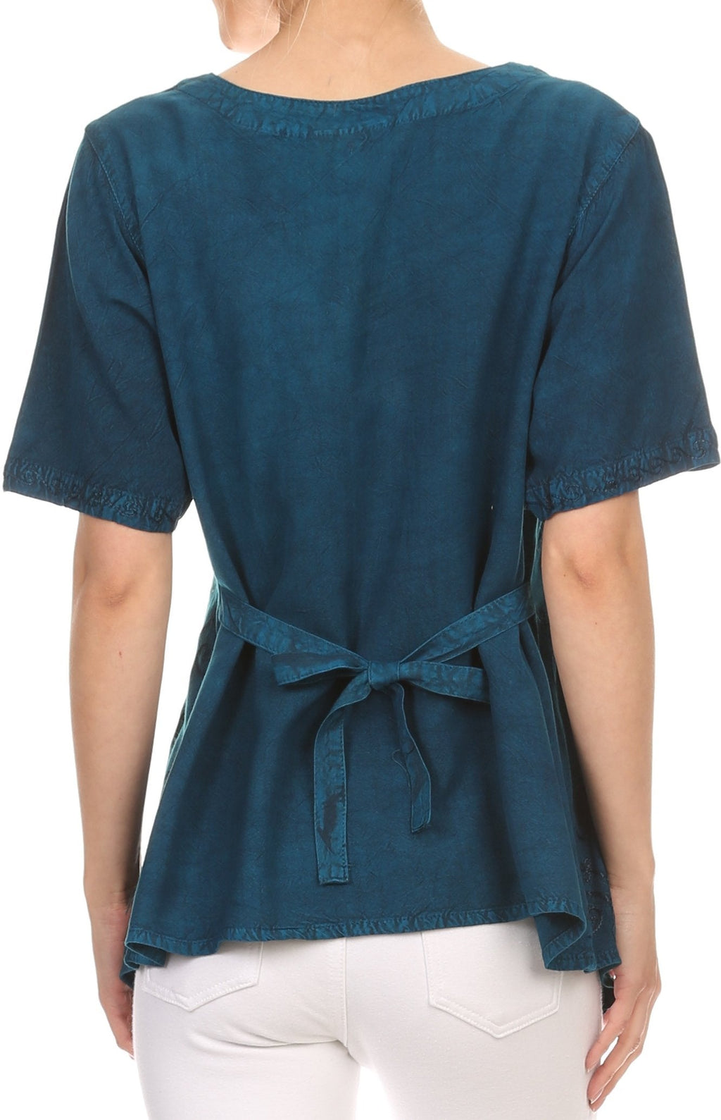 Sakkas Klaniya V Neck Button Down Embroidered Short Sleeve Light Blouse Shirt Top