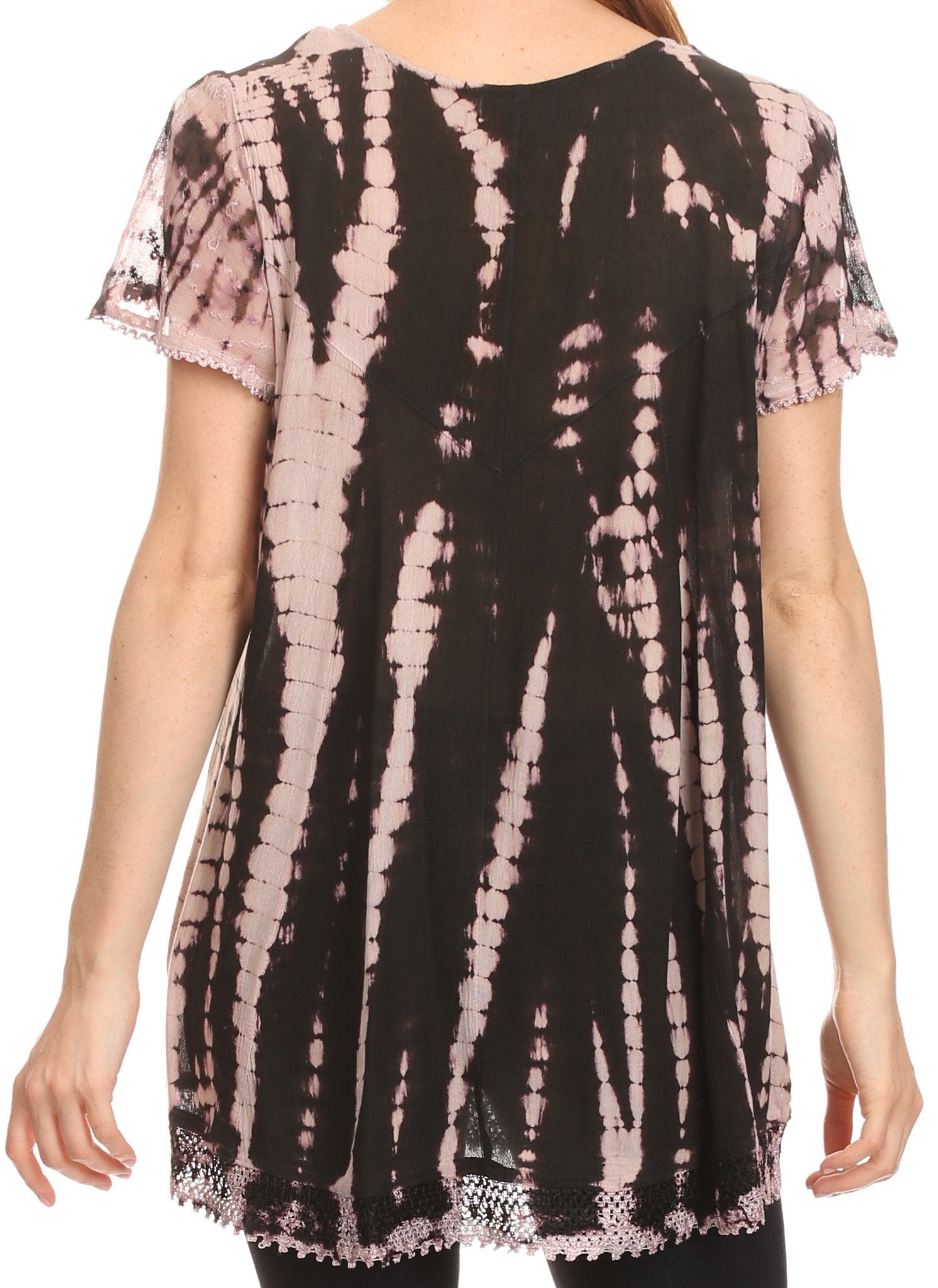 Sakkas Spala Long Tie Dye Embroidered Cap Sleeve Drop V Neck Blouse Shirt Top