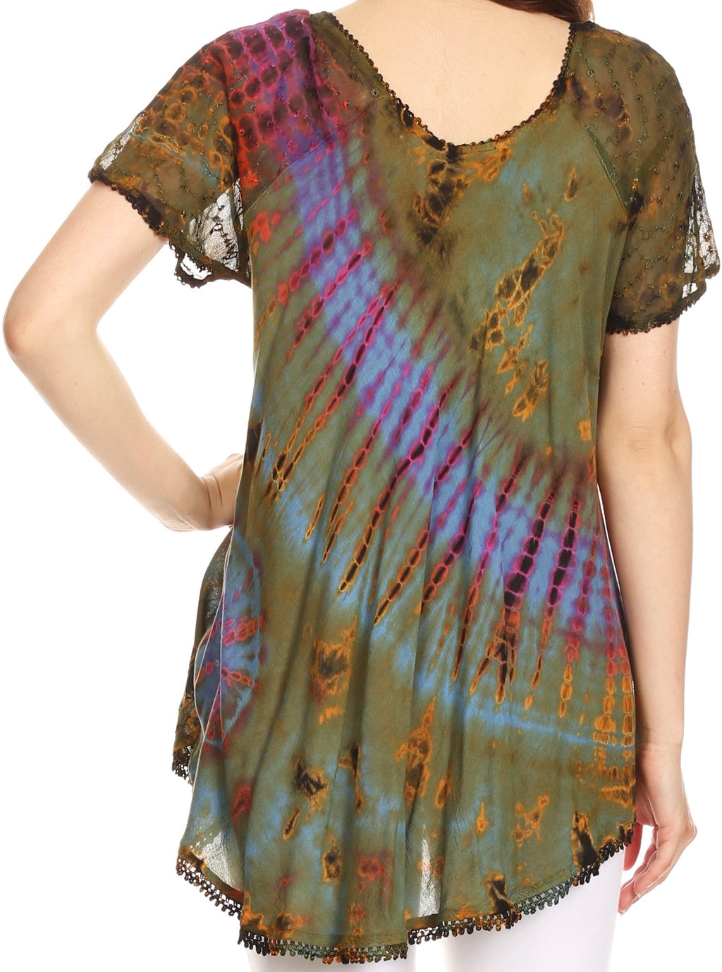 Sakkas Splenka Long Tie Dye Embroidered Corset Neck Cap Sleeve Blouse Shirt Top