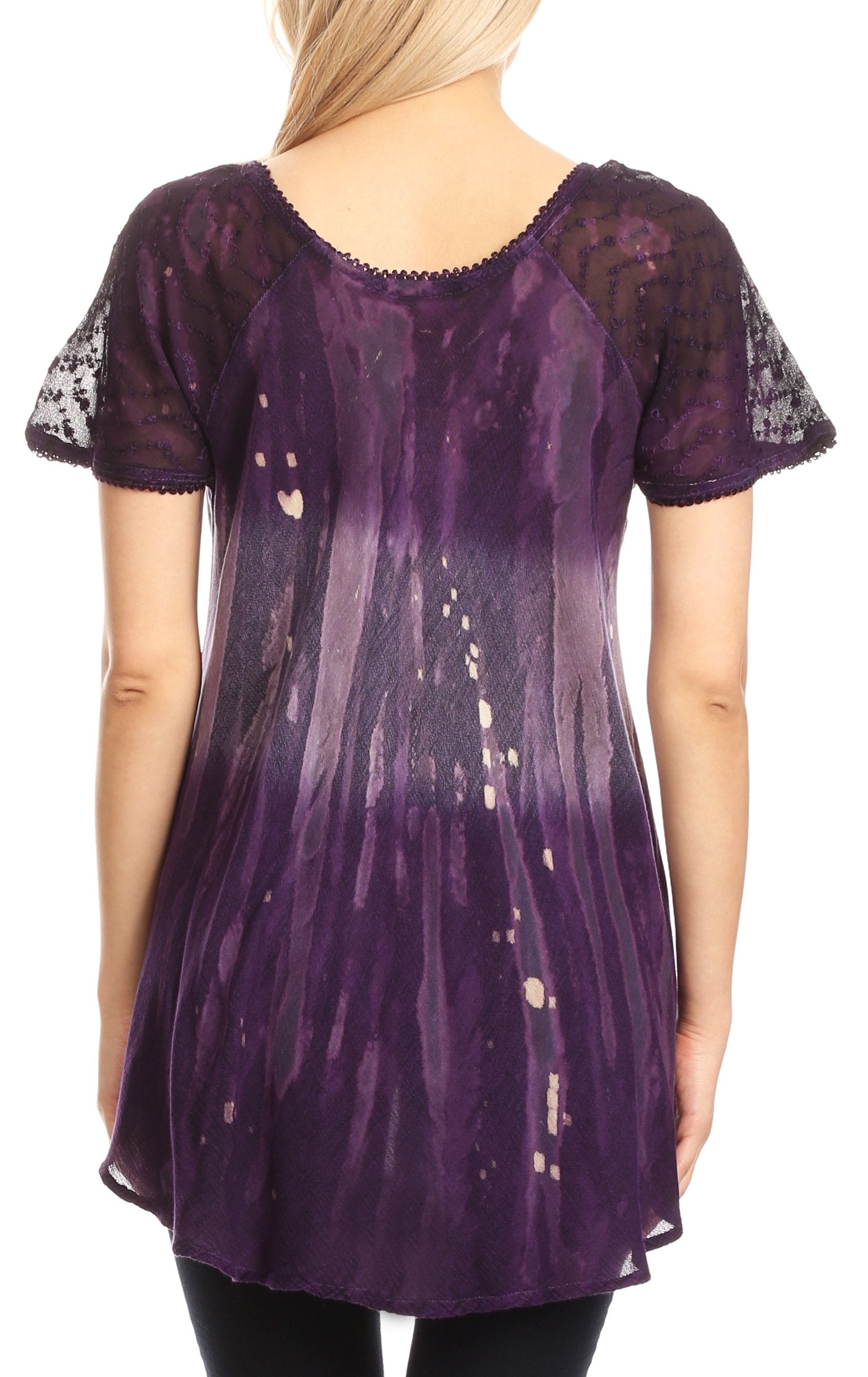 Sakkas Jannat  Short Sleeve Casual Work Top Blouse in Tie-Dye with Embroidery Lace