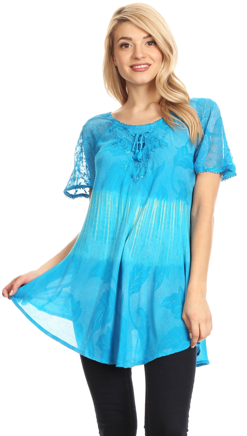 Sakkas Parisa Casual Summer Short Sleeve Top Blouse with Corset and Embroidery - Buy One Get One