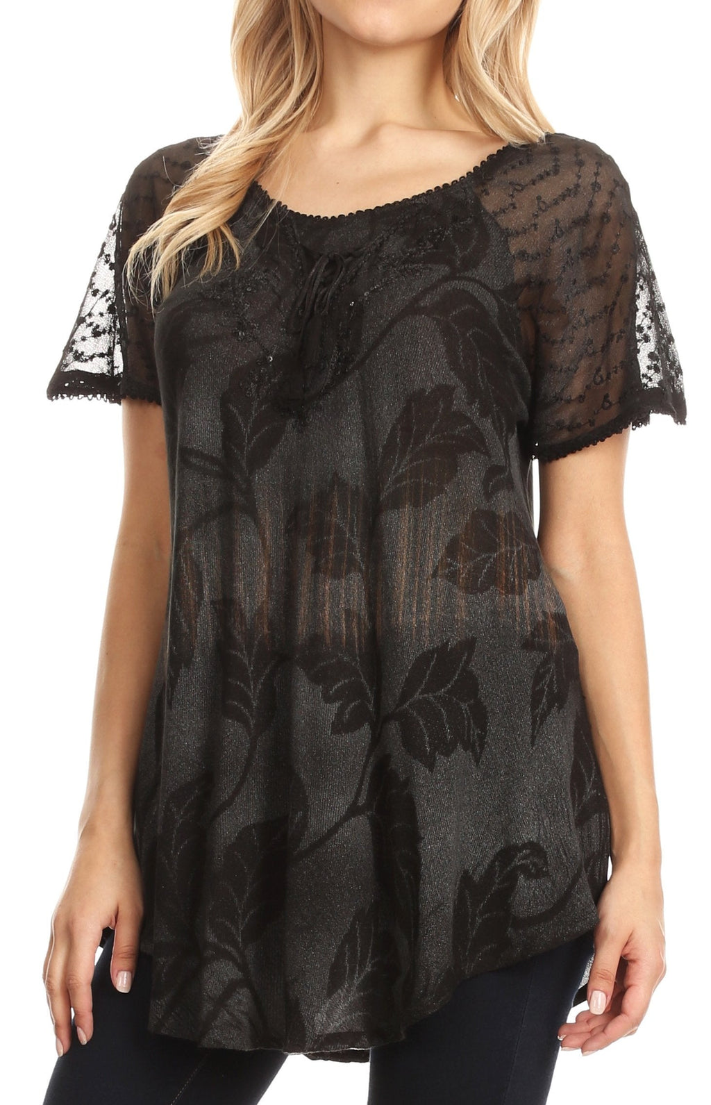 Sakkas Parisa Casual Summer Short Sleeve Top Blouse with Corset and Embroidery - Buy One Get One